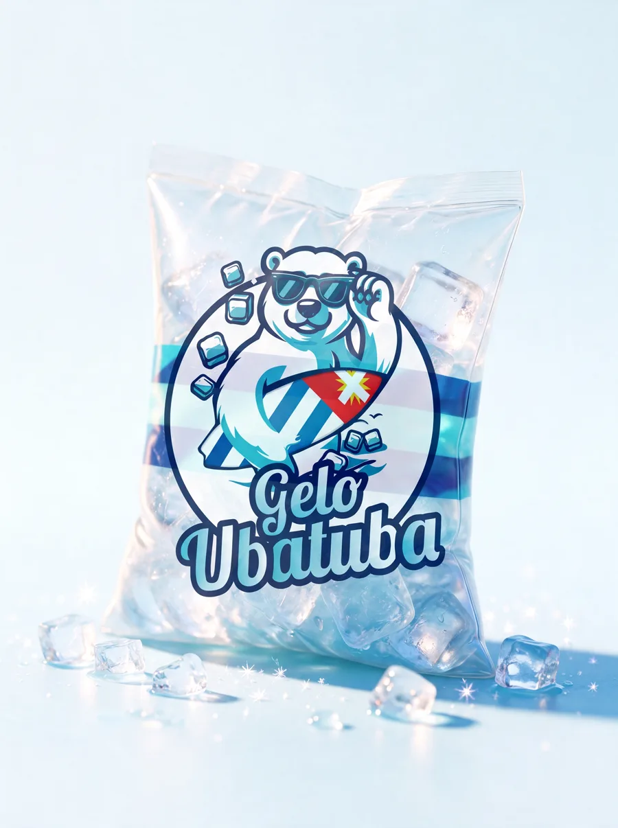 Saco transparente de 5 kg cheio de gelo em cubo cristalino
